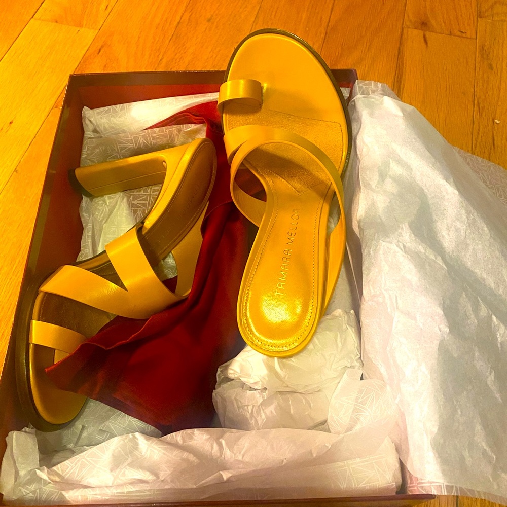 Tamara Mellon Plume 100 Toe Ring Strap Sandals Yellow Mustard EU 36.5 - Picture 1 of 4
